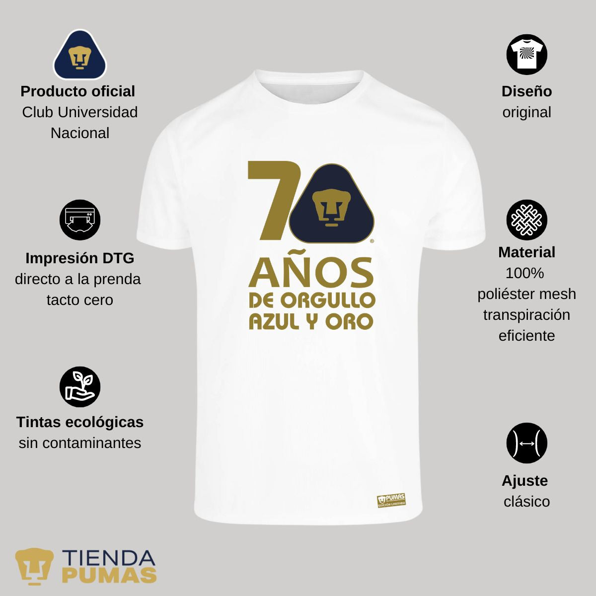 Playera Transpirable Hombre Pumas UNAM 70 Años Fte Edición Limitada 4