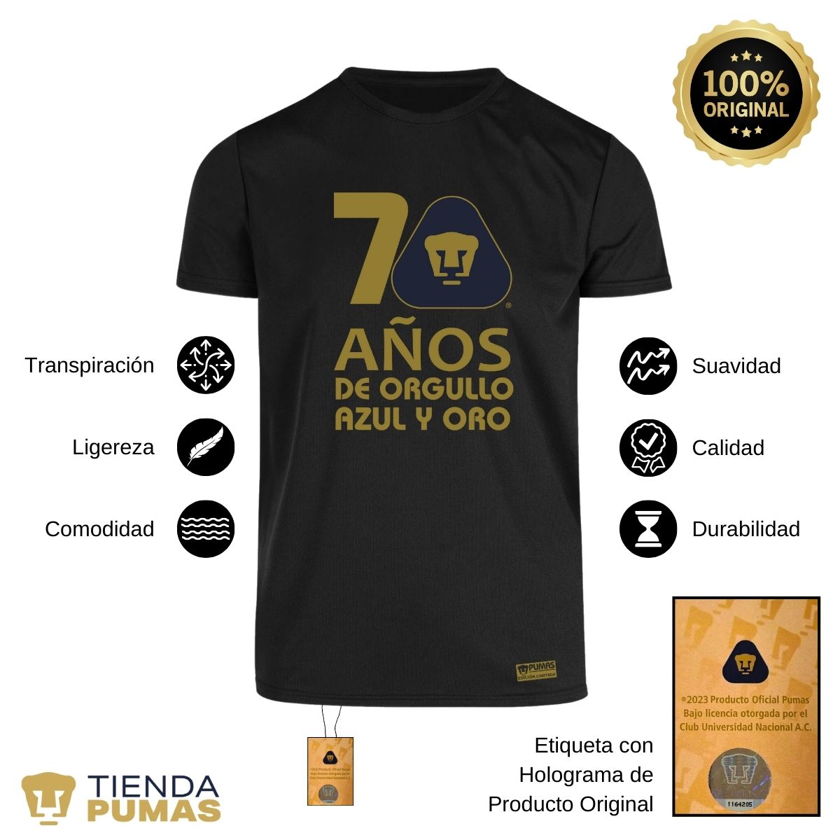 Playera Transpirable Hombre Pumas UNAM 70 Años Fte Edición Limitada 4