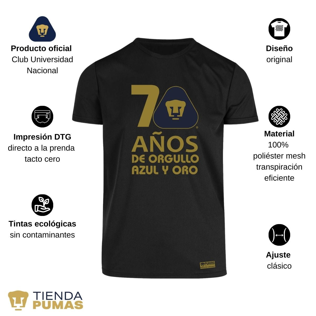 Playera Transpirable Hombre Pumas UNAM 70 Años Fte Edición Limitada 4