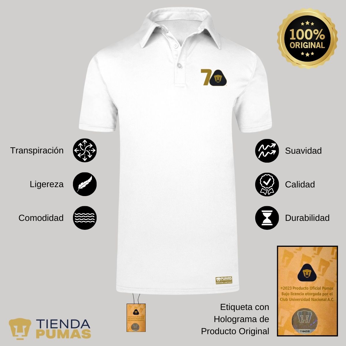 Playera Tipo Polo Transpirable Hombre Pumas UNAM 70 Años Fte Edición Limitada 4