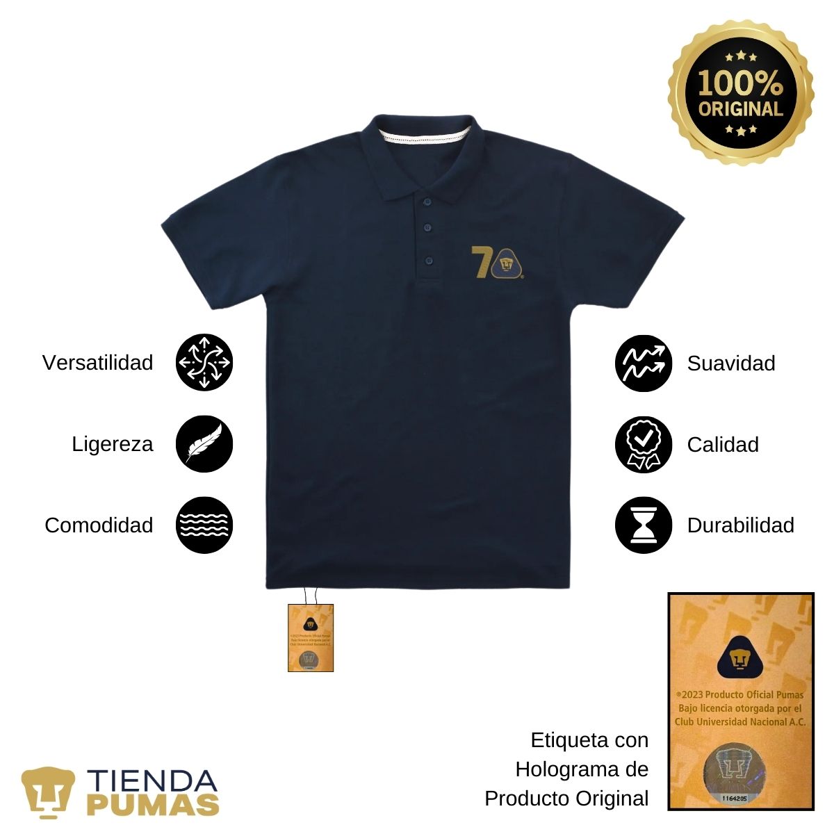 Playera Tipo Polo Piqué Hombre Pumas UNAM 70 Años Bordado Edición Limitada 4