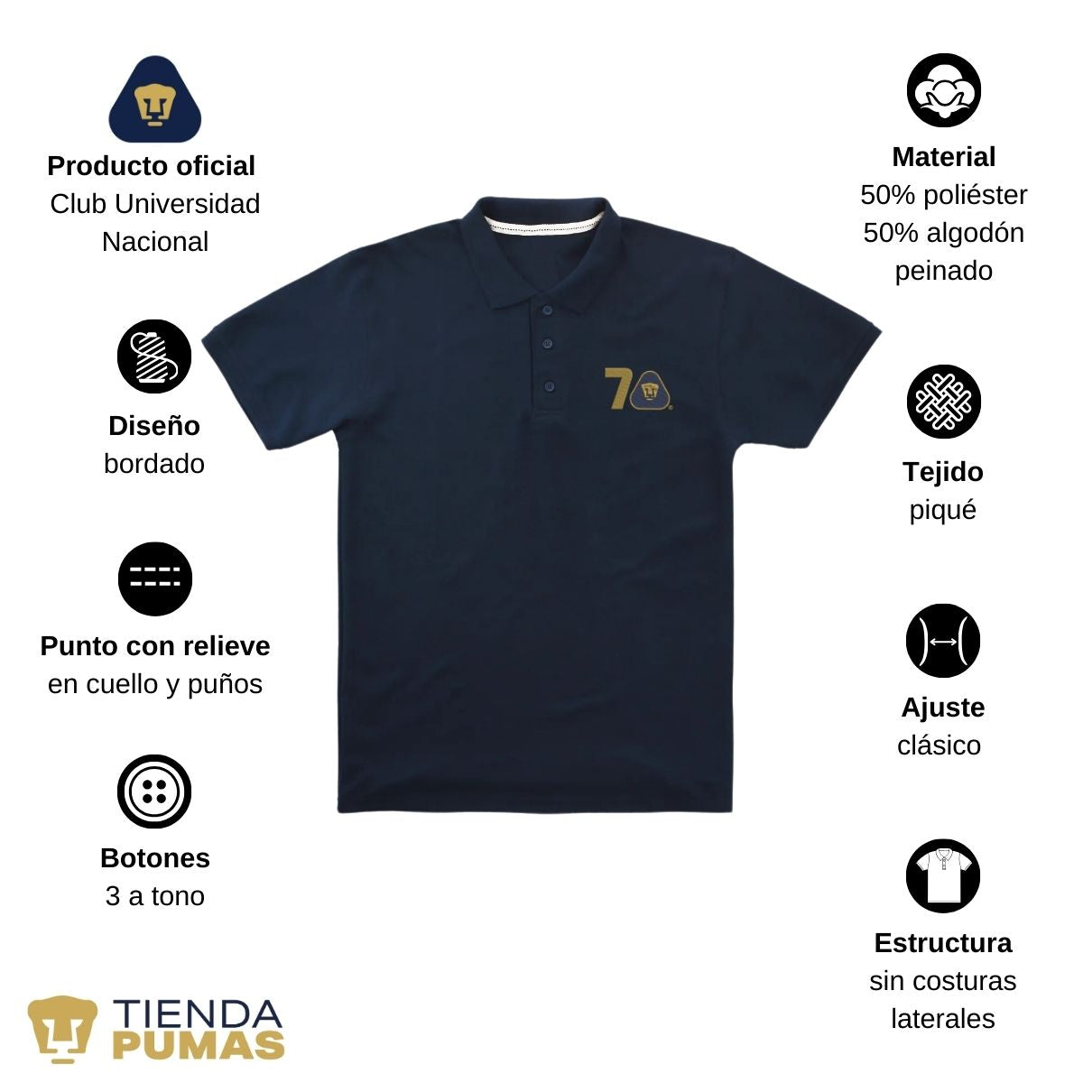 Playera Tipo Polo Piqué Hombre Pumas UNAM 70 Años Bordado Edición Limitada 4