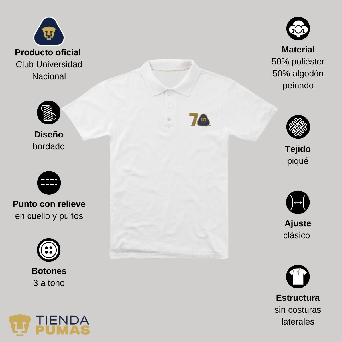 Playera Tipo Polo Piqué Hombre Pumas UNAM 70 Años Bordado Edición Limitada 4