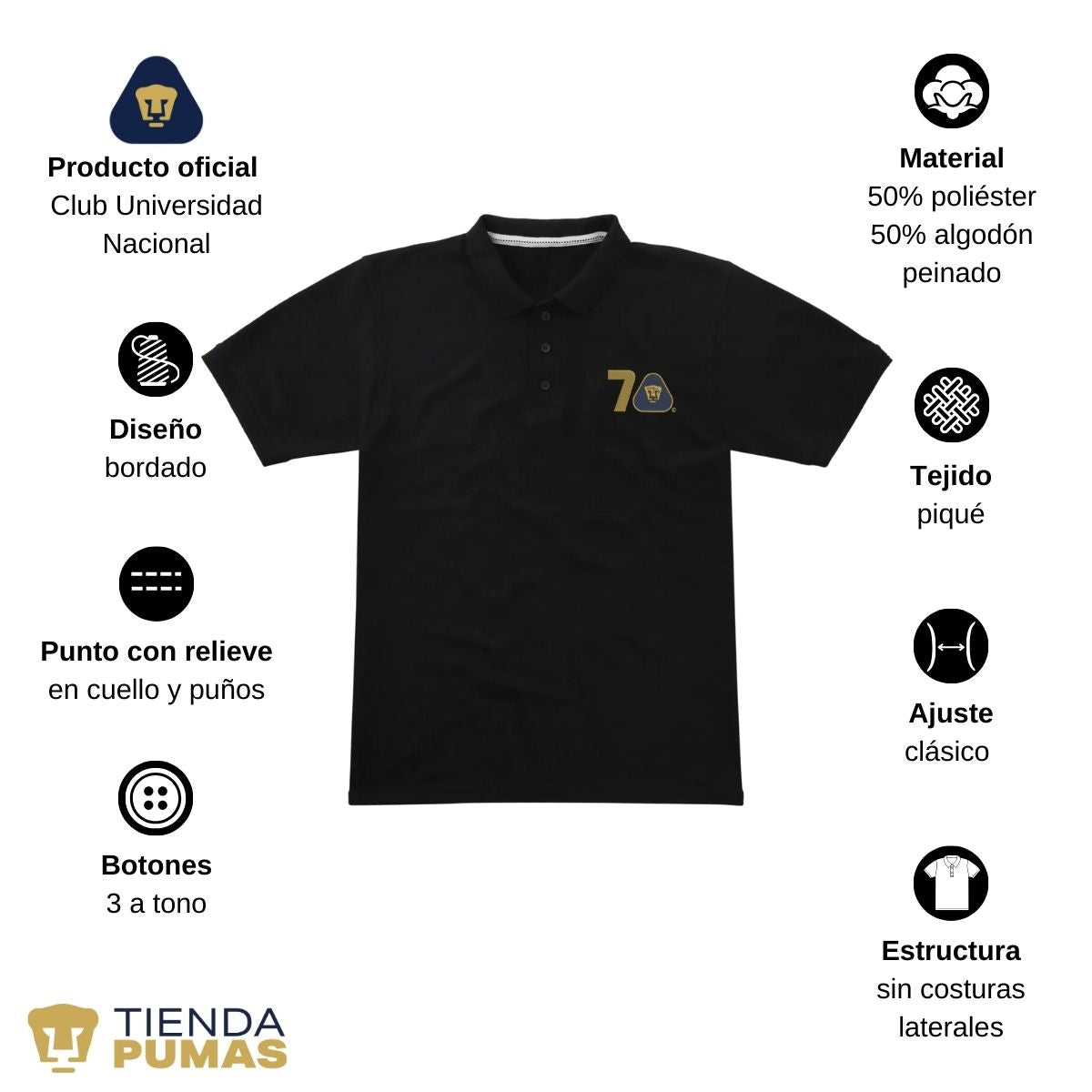 Playera Tipo Polo Piqué Hombre Pumas UNAM 70 Años Bordado Edición Limitada 4