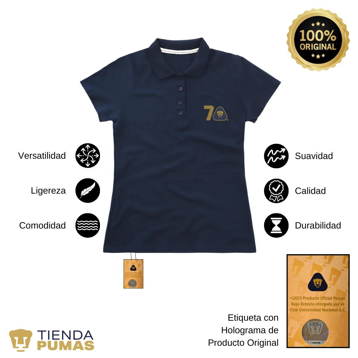 Playera Tipo Polo Piqué Mujer Pumas UNAM 70 Años Bordado Edición Limitada 4