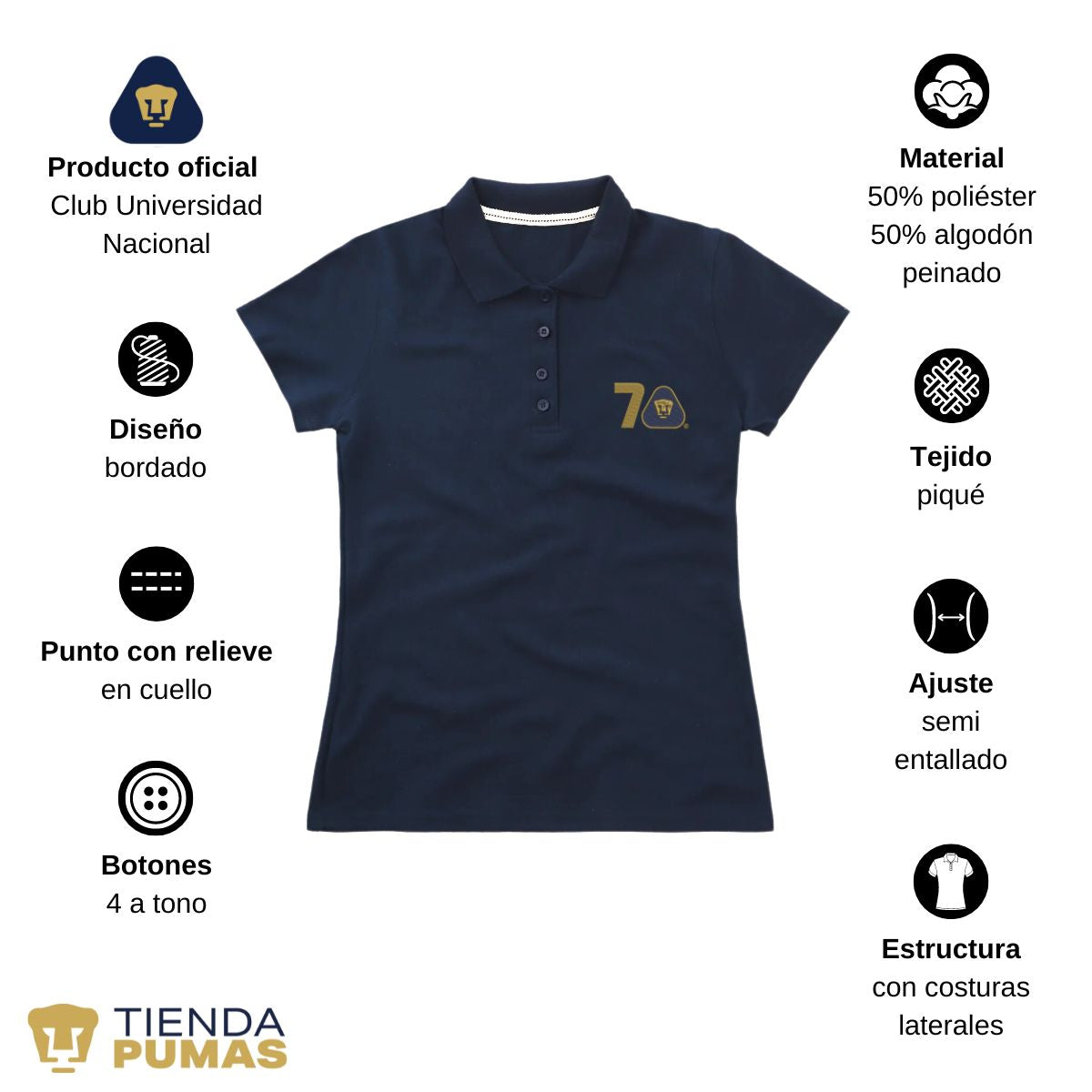 Playera Tipo Polo Piqué Mujer Pumas UNAM 70 Años Bordado Edición Limitada 4