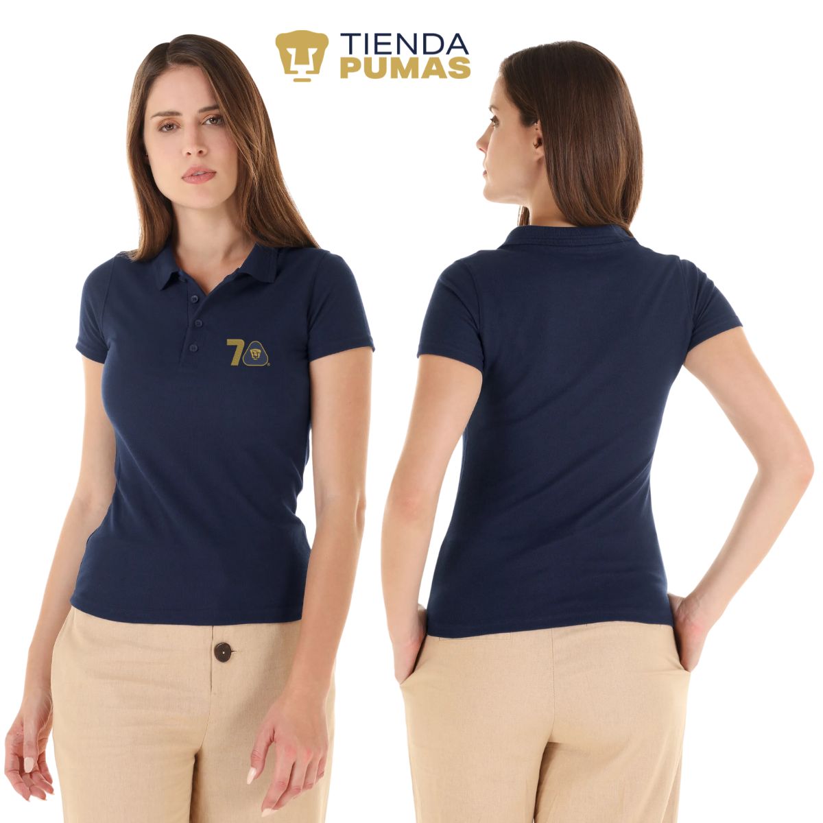 Playera Tipo Polo Piqué Mujer Pumas UNAM 70 Años Bordado Edición Limitada 4