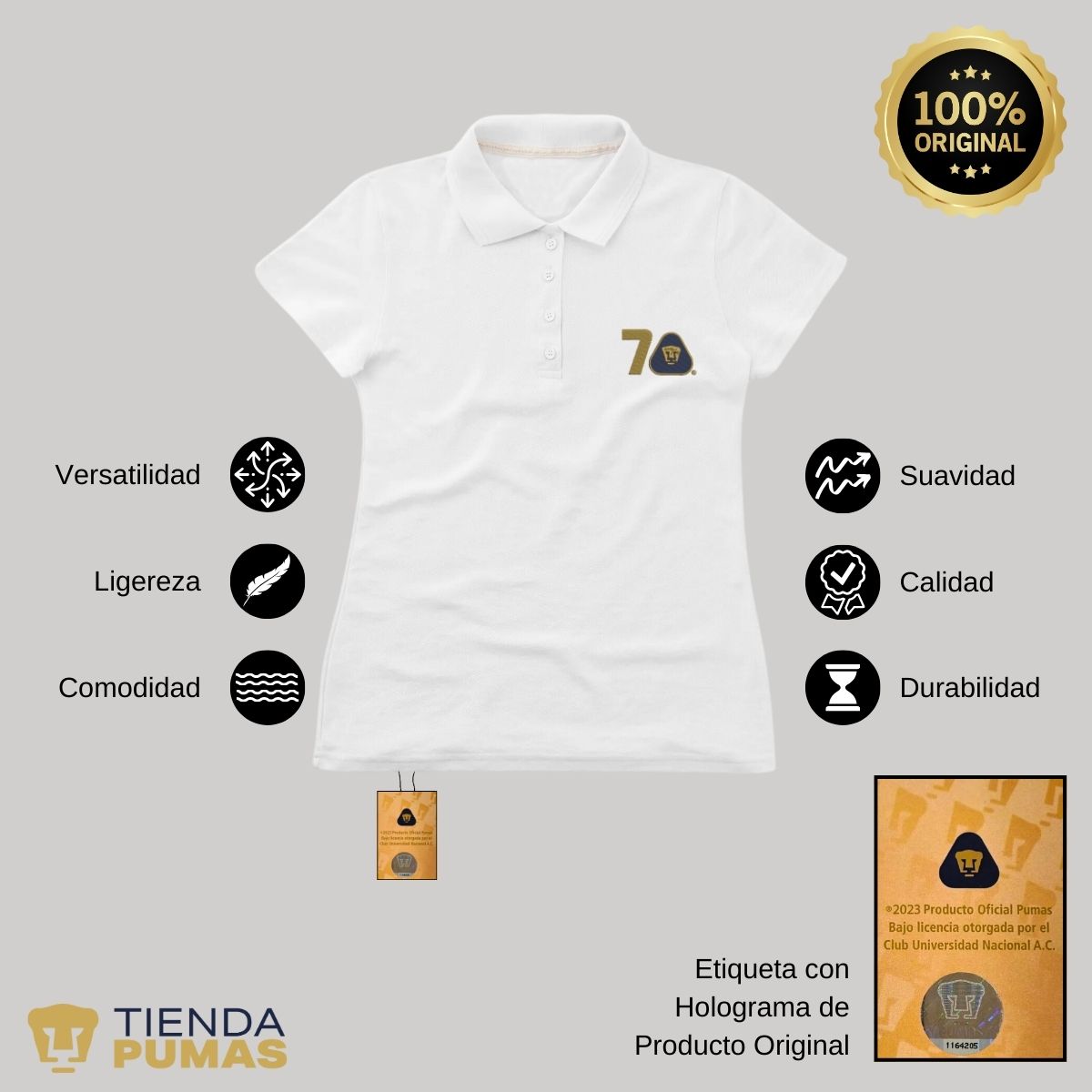 Playera Tipo Polo Piqué Mujer Pumas UNAM 70 Años Bordado Edición Limitada 4