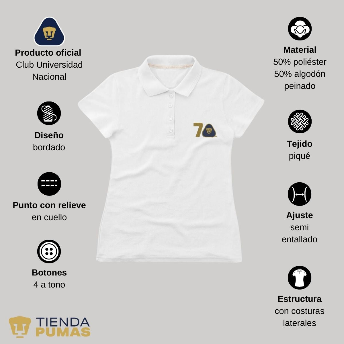 Playera Tipo Polo Piqué Mujer Pumas UNAM 70 Años Bordado Edición Limitada 4