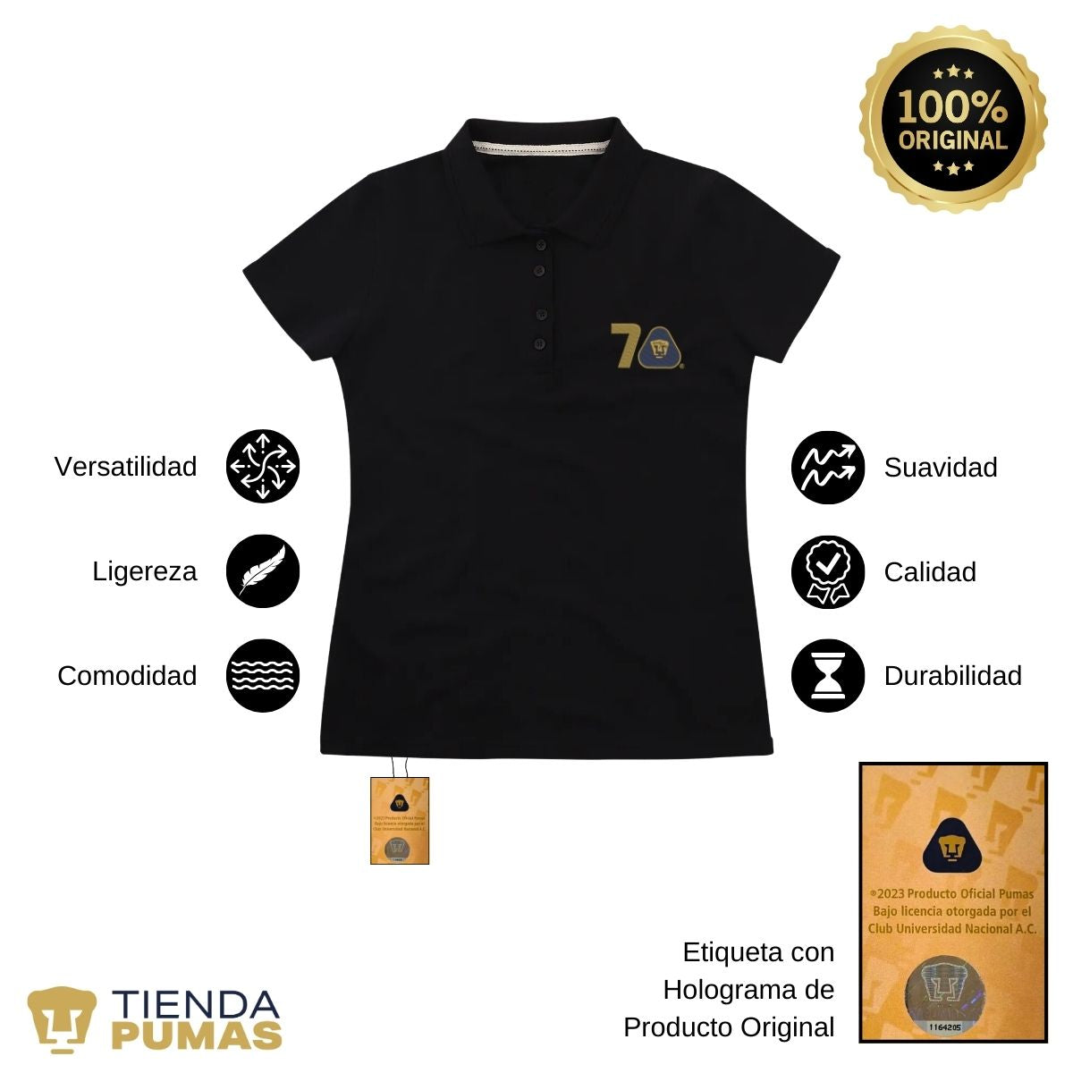 Playera Tipo Polo Piqué Mujer Pumas UNAM 70 Años Bordado Edición Limitada 4