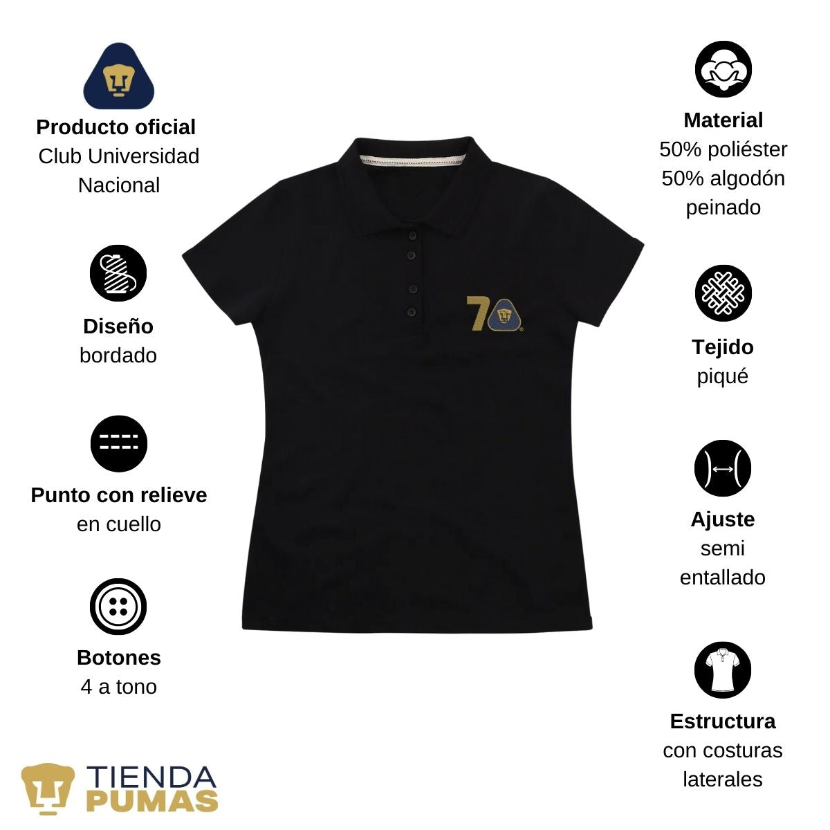 Playera Tipo Polo Piqué Mujer Pumas UNAM 70 Años Bordado Edición Limitada 4