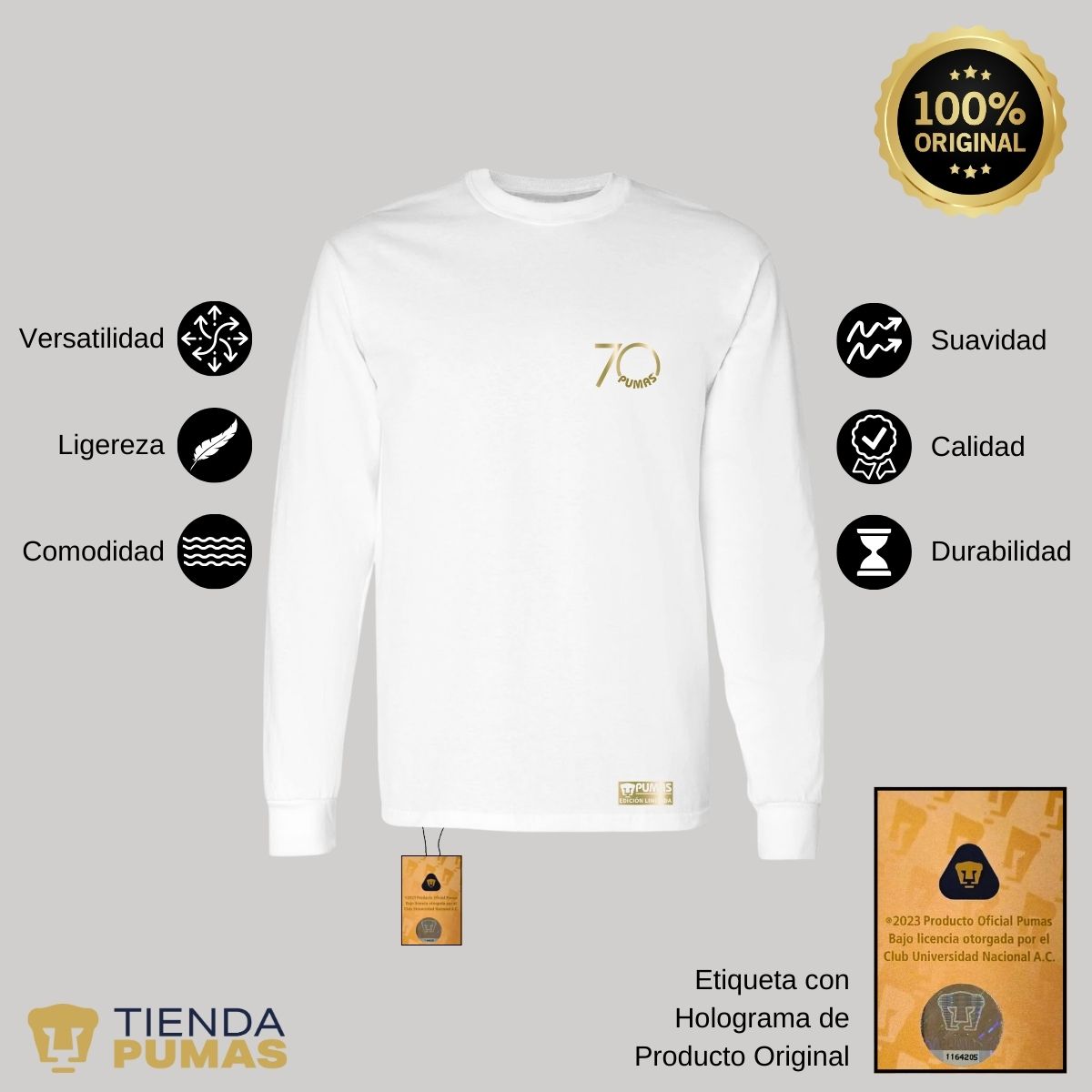 Playera Hombre Pumas UNAM Manga Larga 70 Aniversario FYR Edición Limitada 4