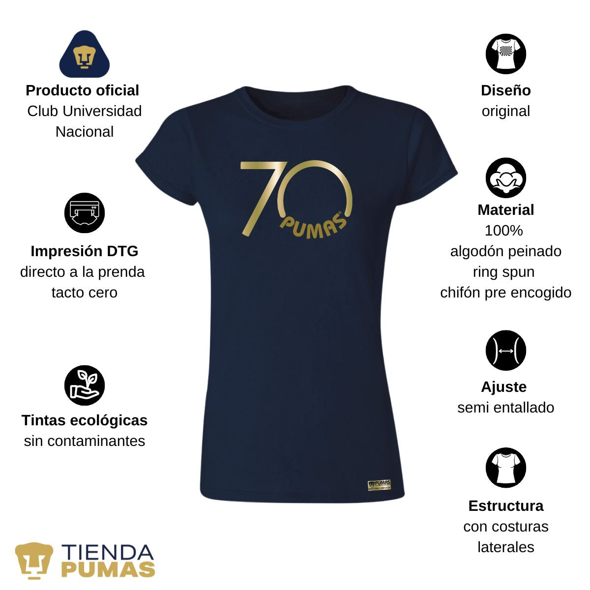 Playera Mujer Pumas UNAM 70 Aniversario Fte Edición Limitada 4