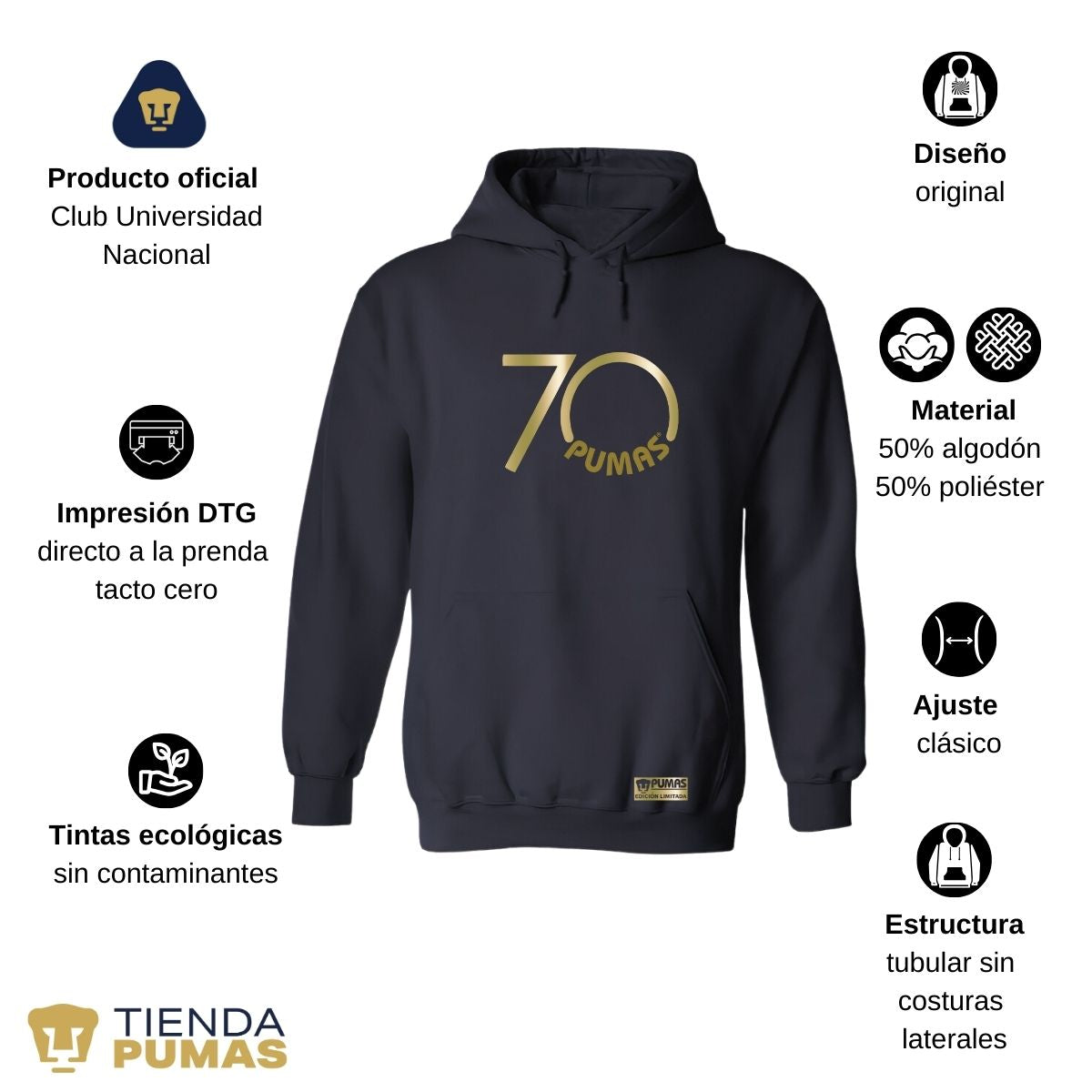 Sudadera Hombre Hoodie Pumas UNAM 70 Aniversario Fte Edición Limitada 4