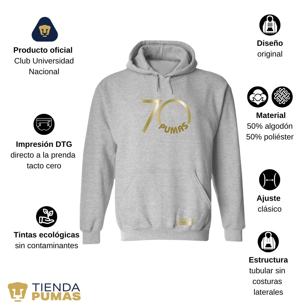 Sudadera Hombre Hoodie Pumas UNAM 70 Aniversario Fte Edición Limitada 4