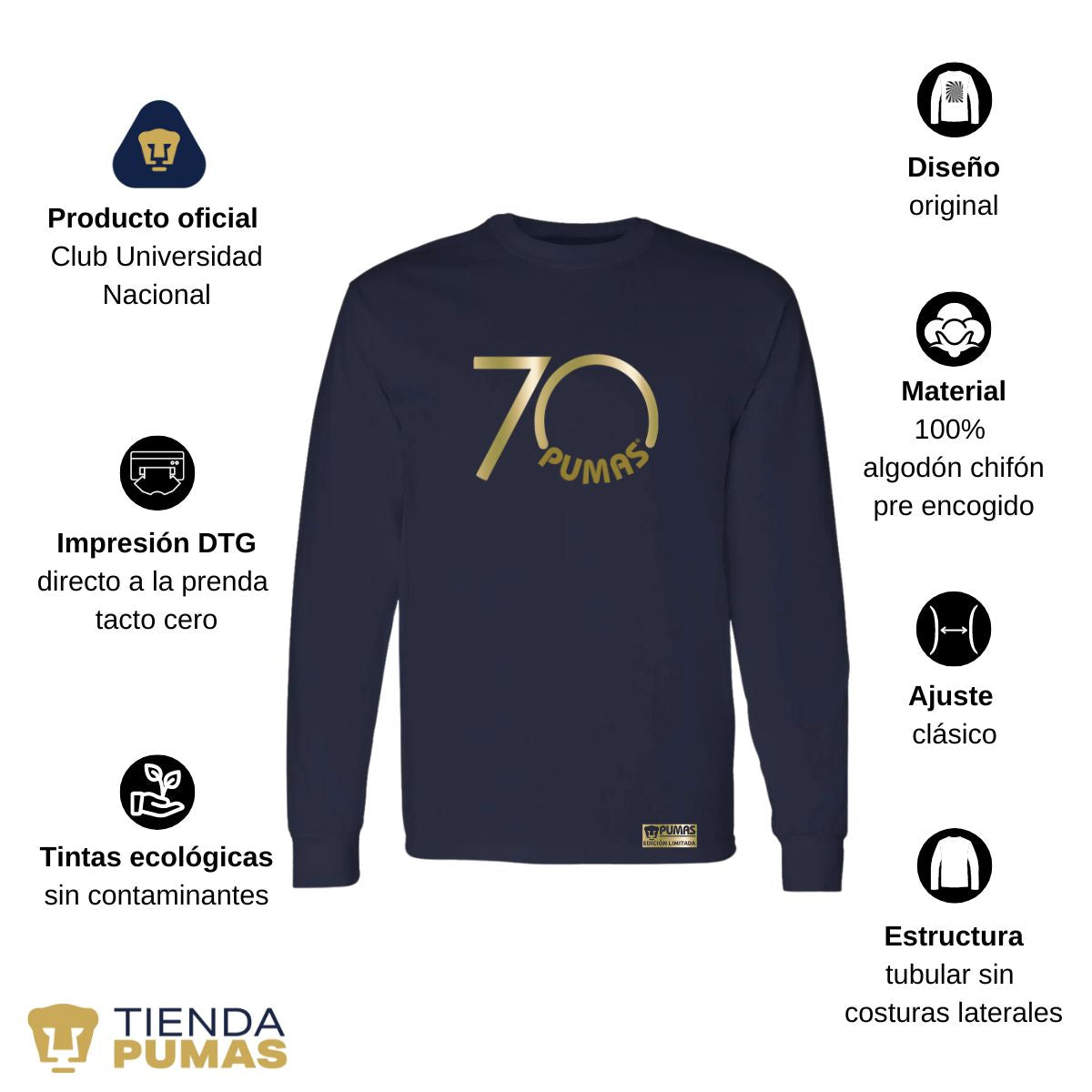 Playera Hombre Pumas UNAM Manga Larga 70 Aniversario Fte Edición Limitada 4