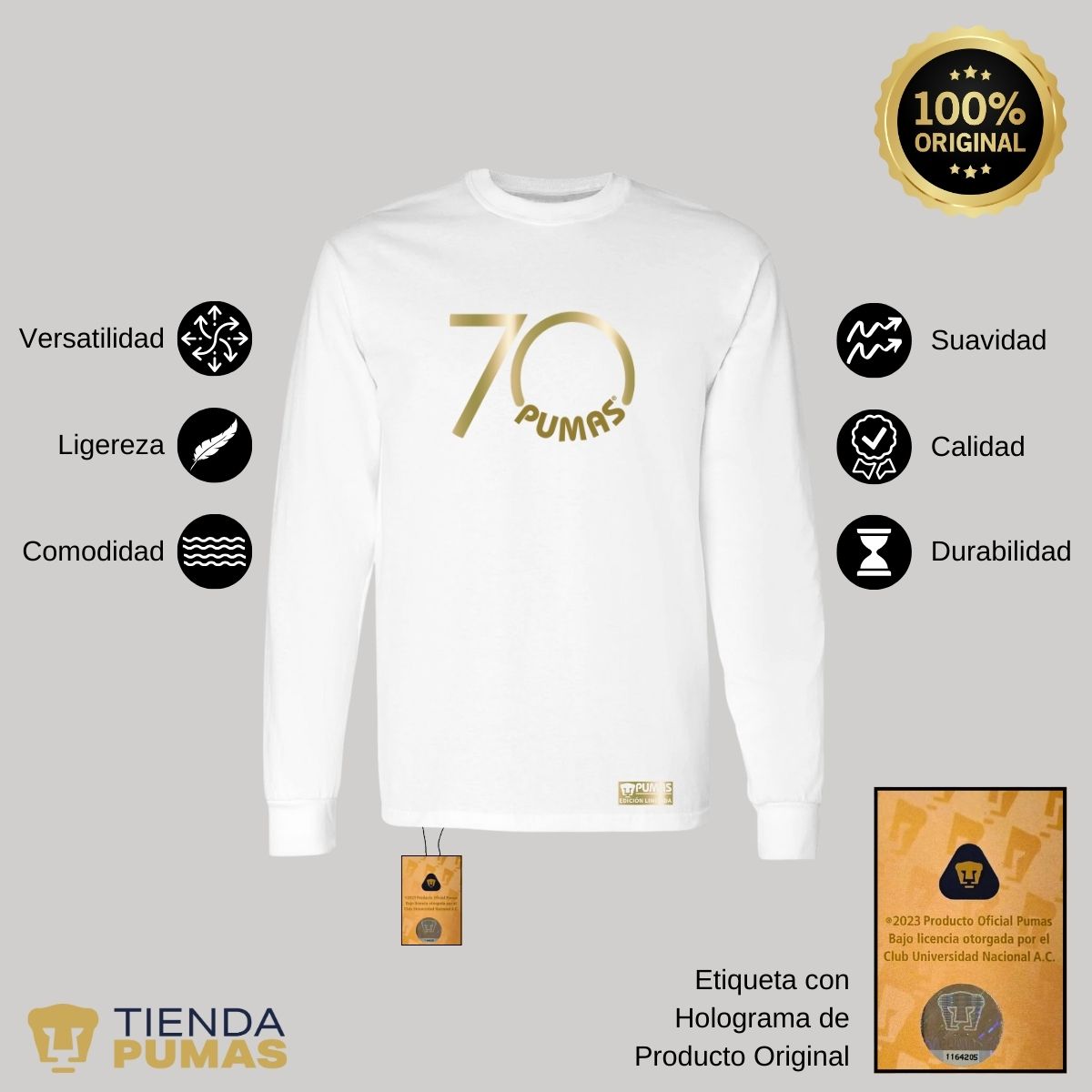 Playera Hombre Pumas UNAM Manga Larga 70 Aniversario Fte Edición Limitada 4