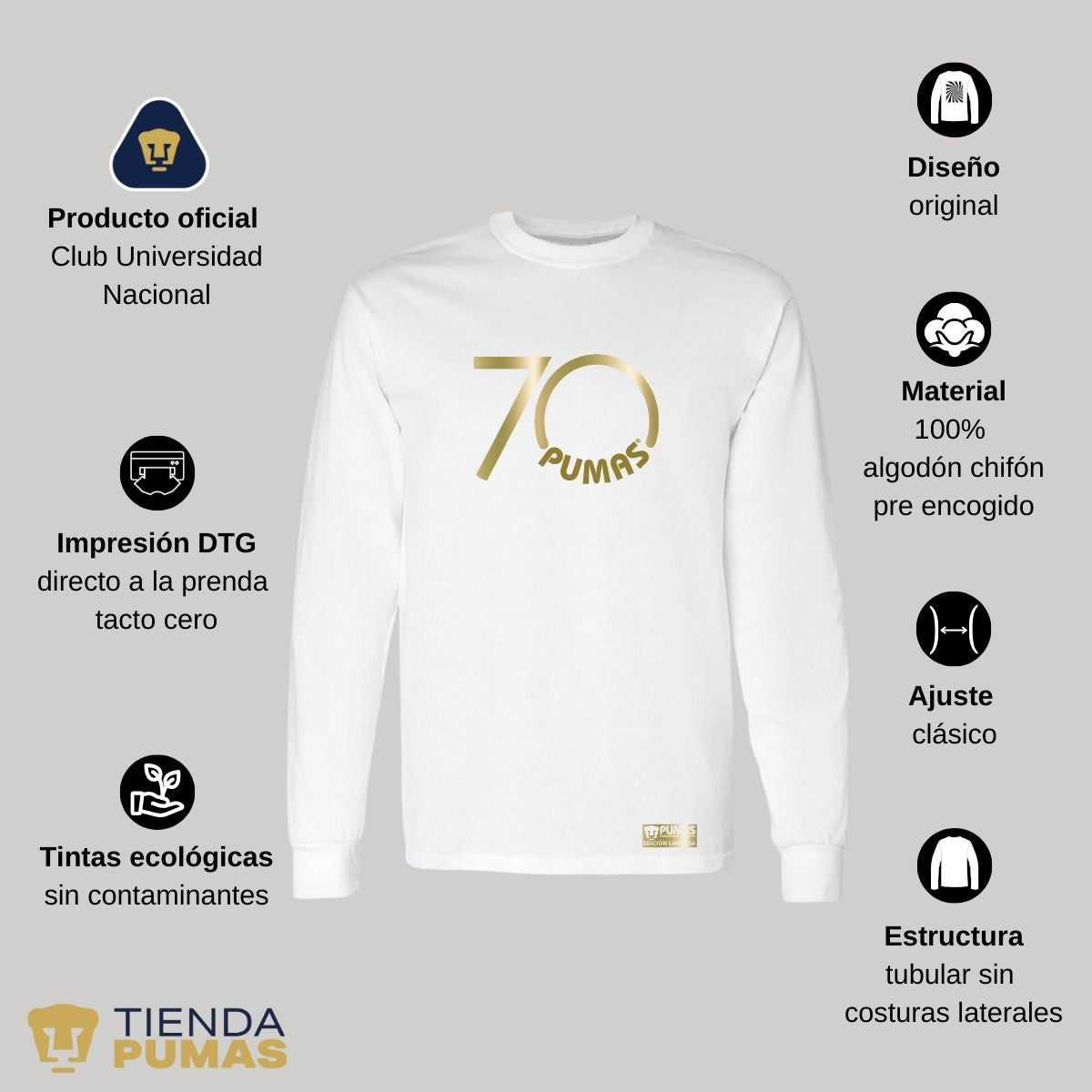 Playera Hombre Pumas UNAM Manga Larga 70 Aniversario Fte Edición Limitada 4