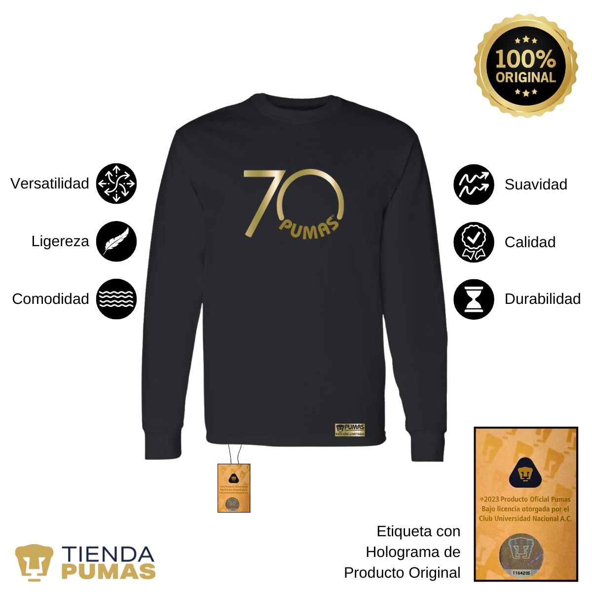 Playera Hombre Pumas UNAM Manga Larga 70 Aniversario Fte Edición Limitada 4