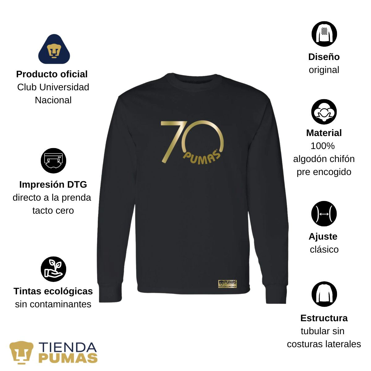 Playera Hombre Pumas UNAM Manga Larga 70 Aniversario Fte Edición Limitada 4