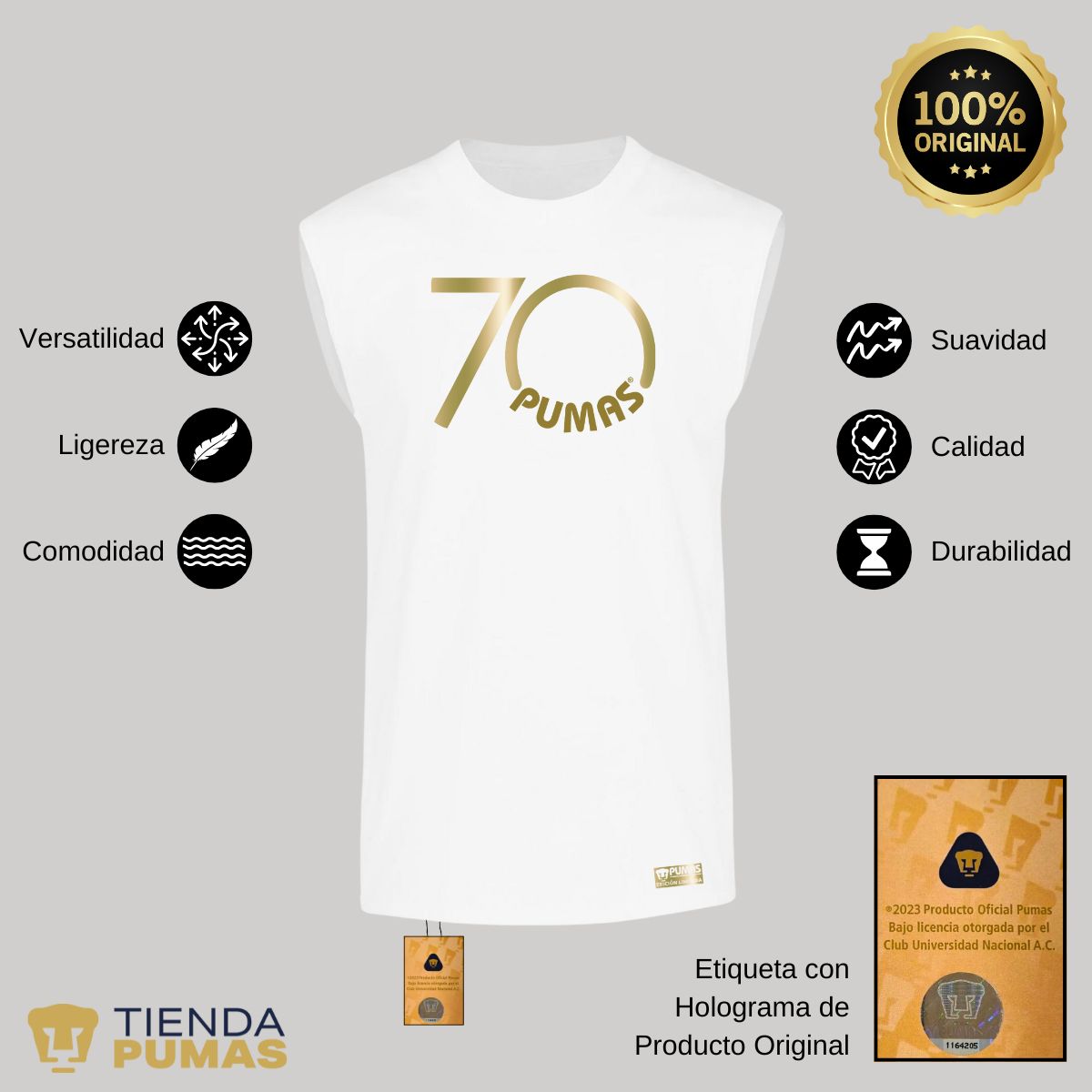 Playera Hombre Pumas UNAM Sin Manga 70 Aniversario Fte Edición Limitada 4