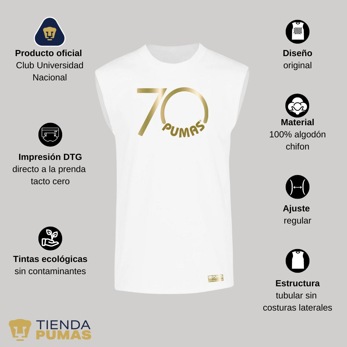 Playera Hombre Pumas UNAM Sin Manga 70 Aniversario Fte Edición Limitada 4