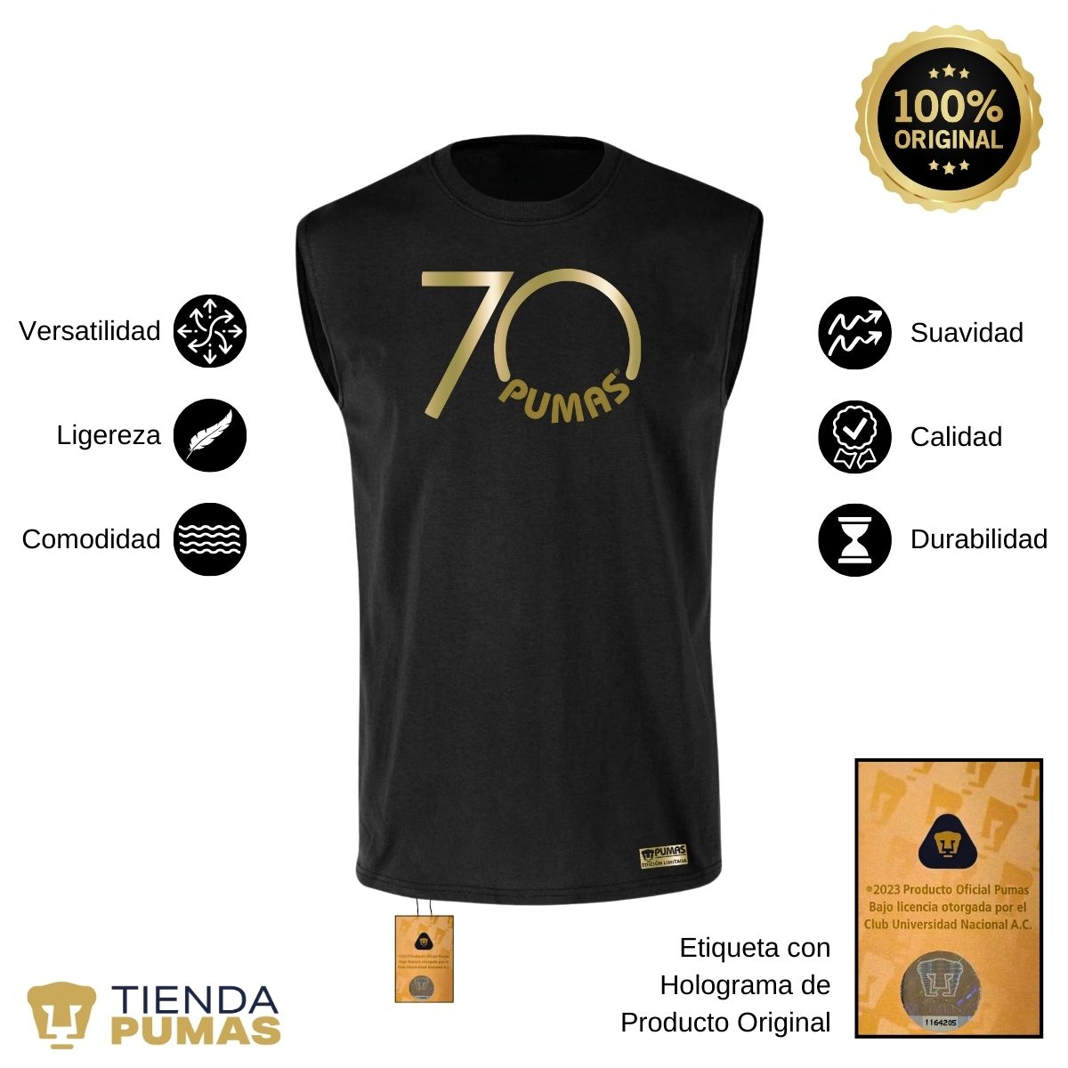 Playera Hombre Pumas UNAM Sin Manga 70 Aniversario Fte Edición Limitada 4