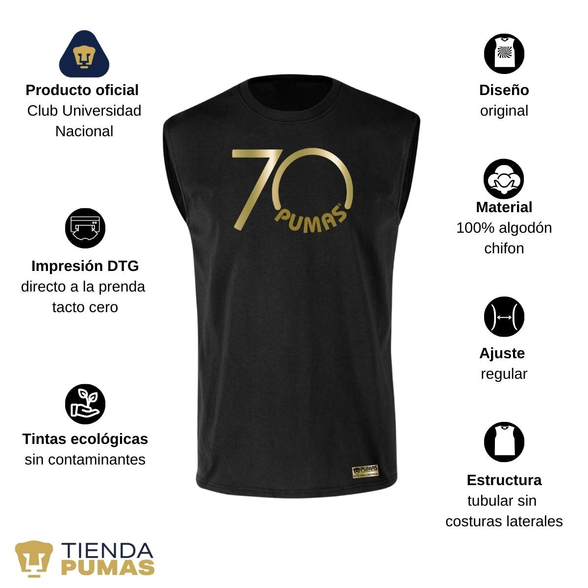 Playera Hombre Pumas UNAM Sin Manga 70 Aniversario Fte Edición Limitada 4