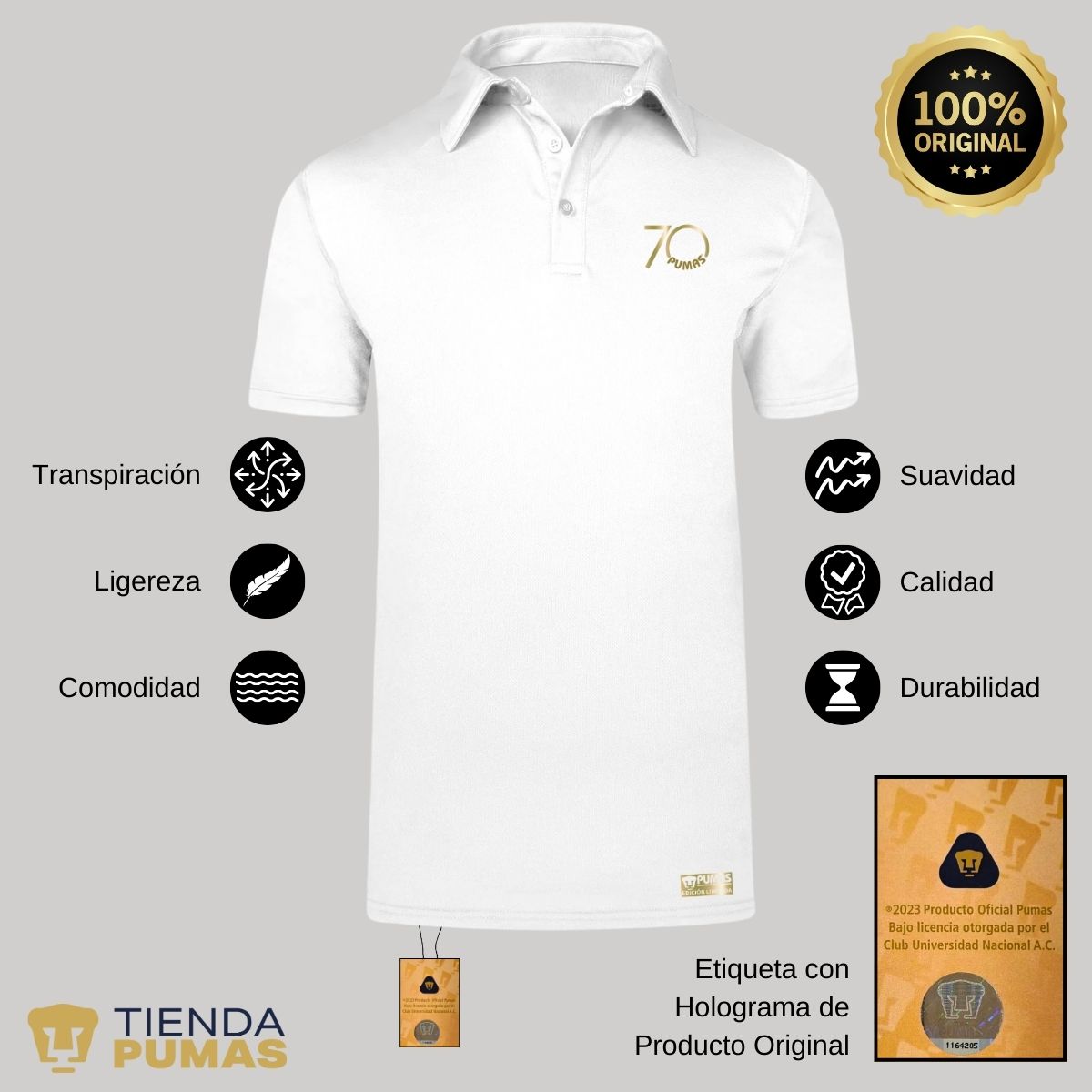 Playera Tipo Polo Transpirable Hombre Pumas UNAM 70 Aniversario Fte Edición Limitada 4