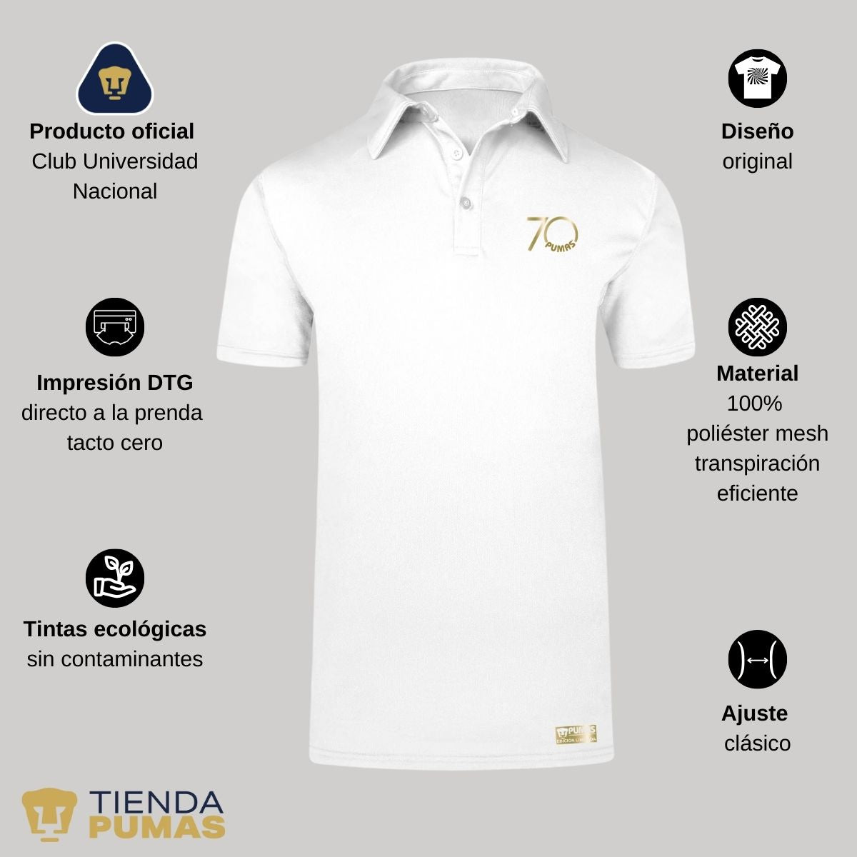 Playera Tipo Polo Transpirable Hombre Pumas UNAM 70 Aniversario Fte Edición Limitada 4