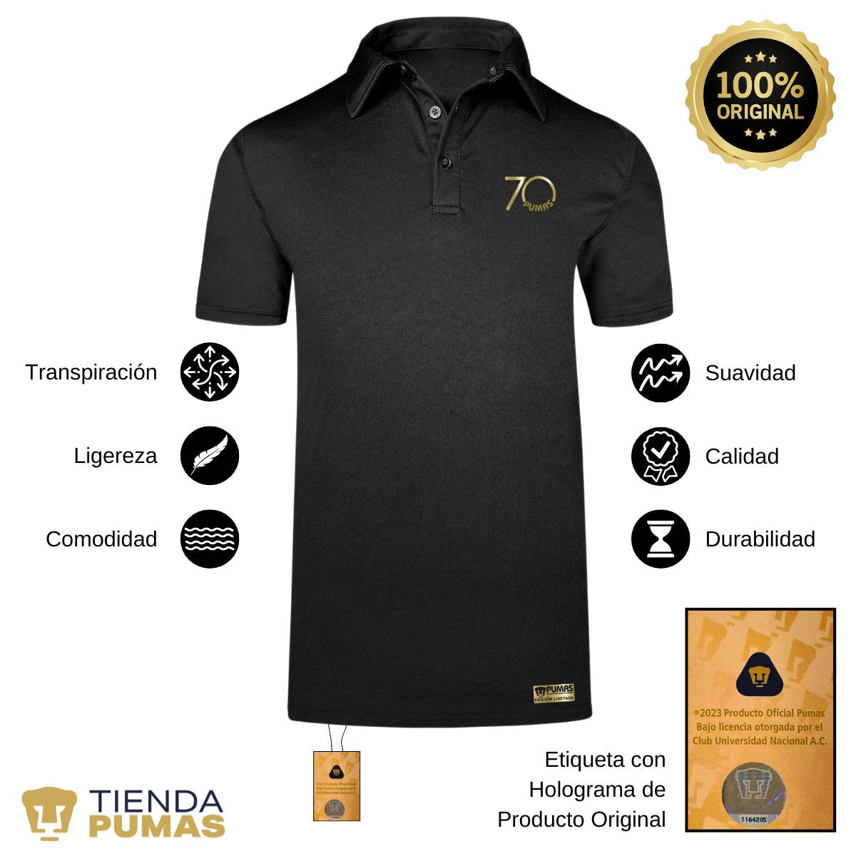 Playera Tipo Polo Transpirable Hombre Pumas UNAM 70 Aniversario Fte Edición Limitada 4