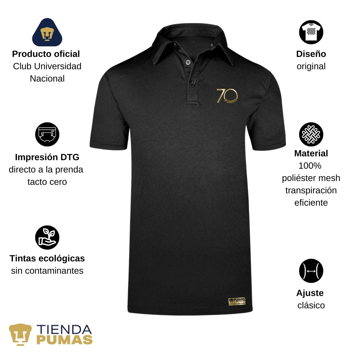 Playera Tipo Polo Transpirable Hombre Pumas UNAM 70 Aniversario Fte Edición Limitada 4