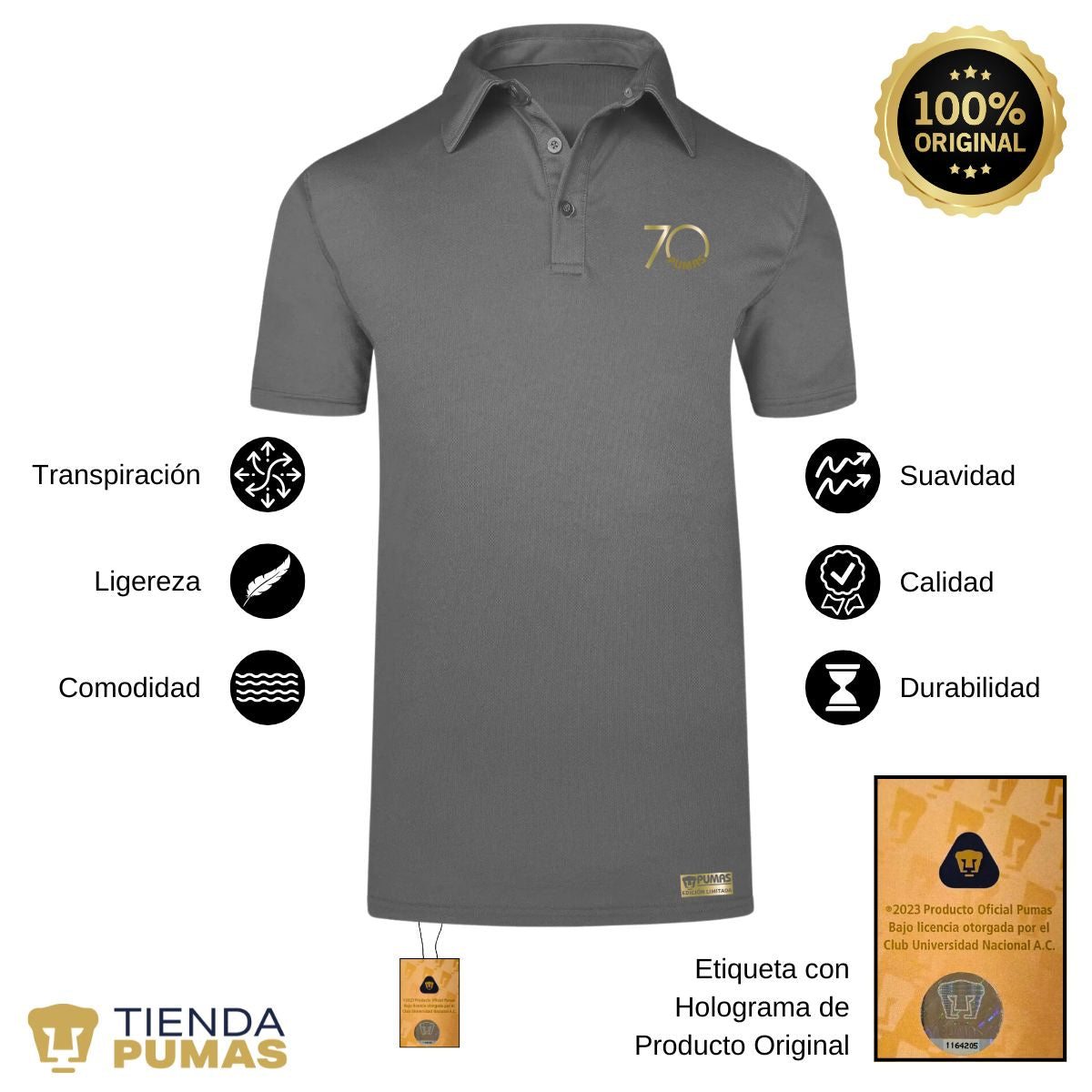 Playera Tipo Polo Transpirable Hombre Pumas UNAM 70 Aniversario Fte Edición Limitada 4