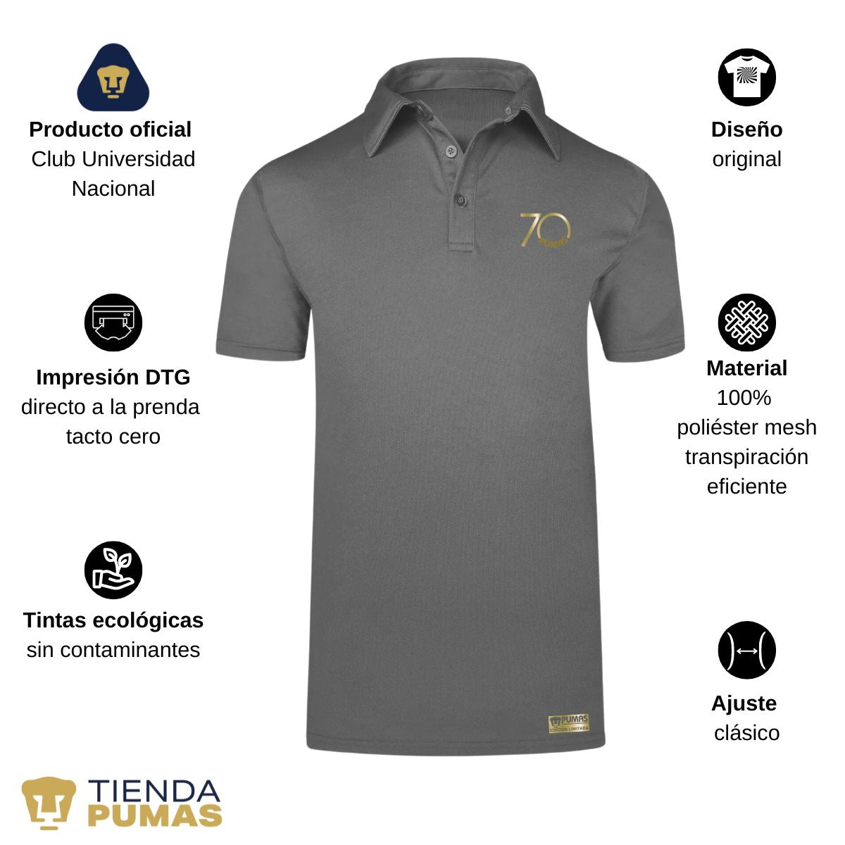 Playera Tipo Polo Transpirable Hombre Pumas UNAM 70 Aniversario Fte Edición Limitada 4