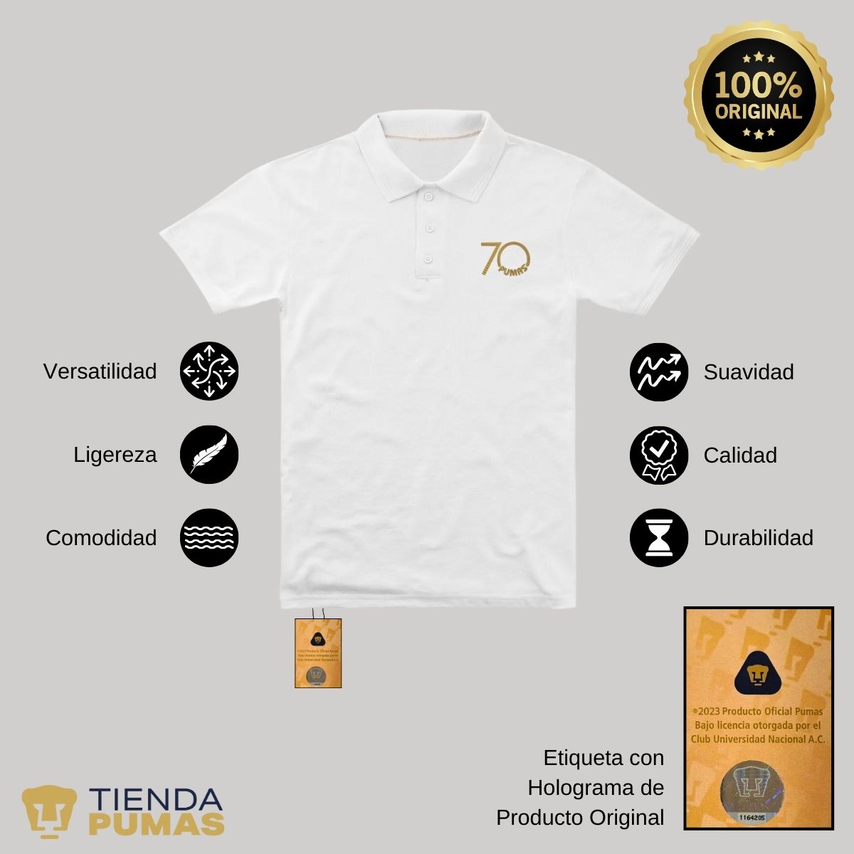 Playera Tipo Polo Piqué Hombre Pumas UNAM 70 Aniversario Bordado Edición Limitada 4