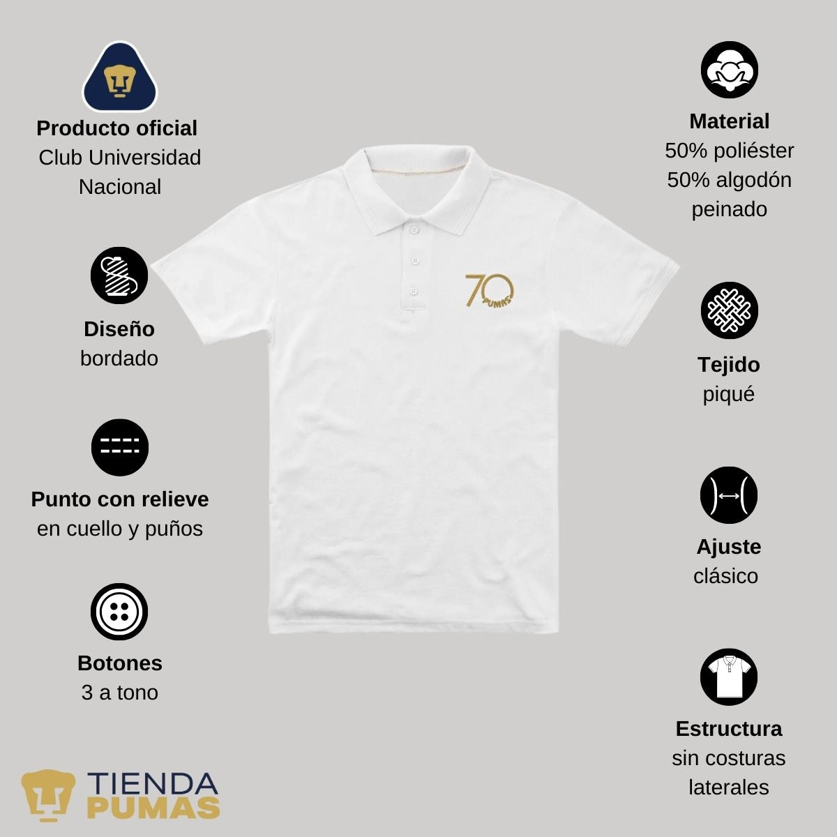 Playera Tipo Polo Piqué Hombre Pumas UNAM 70 Aniversario Bordado Edición Limitada 4