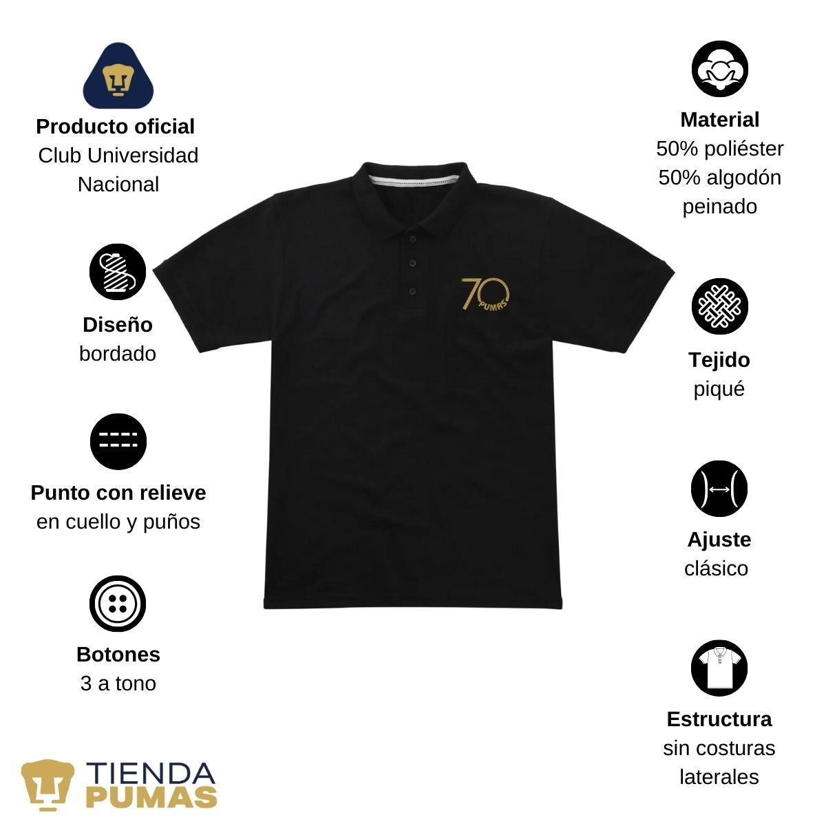 Playera Tipo Polo Piqué Hombre Pumas UNAM 70 Aniversario Bordado Edición Limitada 4