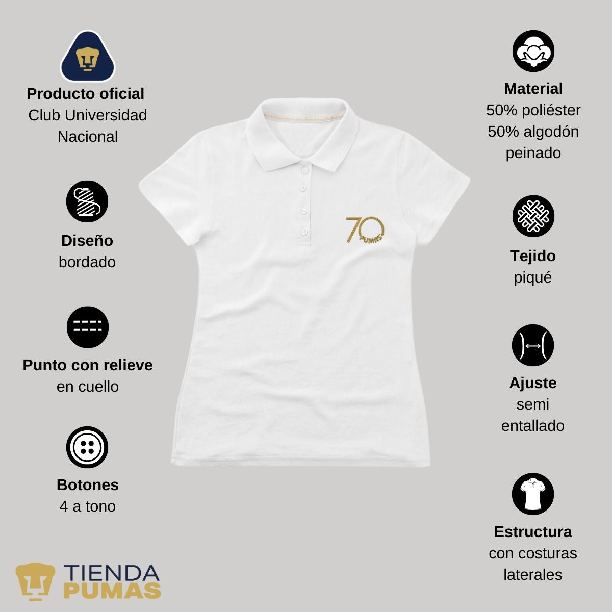 Playera Tipo Polo Piqué Mujer Pumas UNAM 70 Aniversario Bordado Edición Limitada 4