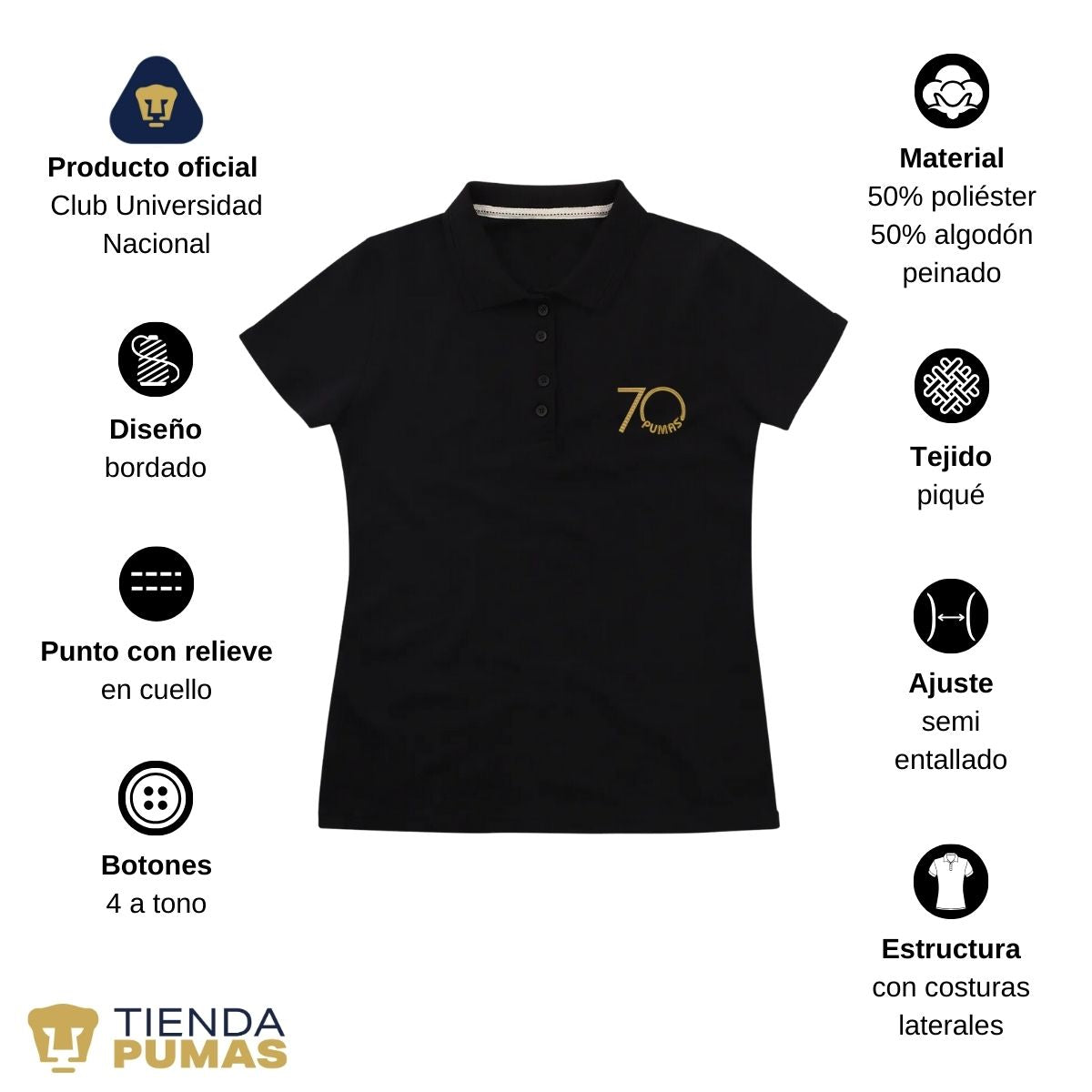 Playera Tipo Polo Piqué Mujer Pumas UNAM 70 Aniversario Bordado Edición Limitada 4