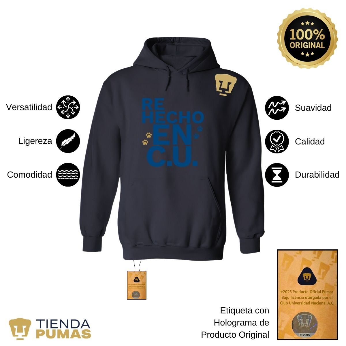 Sudadera Hombre Hoodie Pumas UNAM Re Hecho en C.U. DTG-Vinil