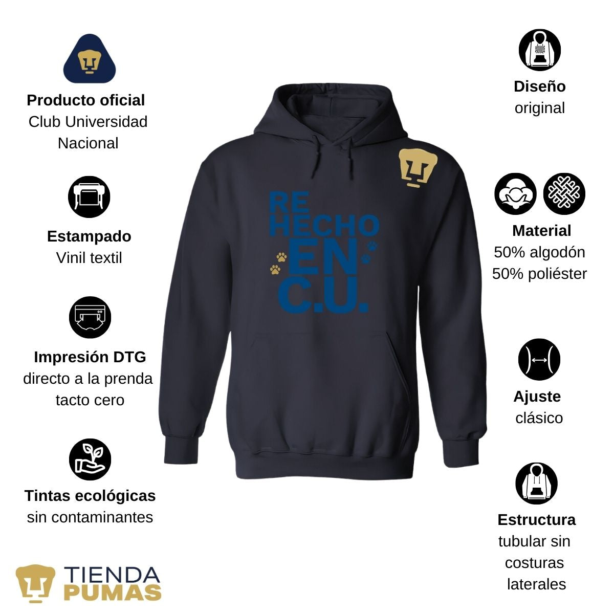 Sudadera Hombre Hoodie Pumas UNAM Re Hecho en C.U. DTG-Vinil