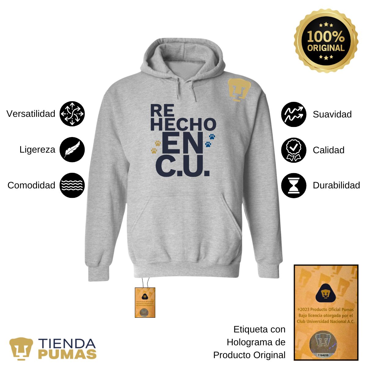 Sudadera Hombre Hoodie Pumas UNAM Re Hecho en C.U. DTG-Vinil