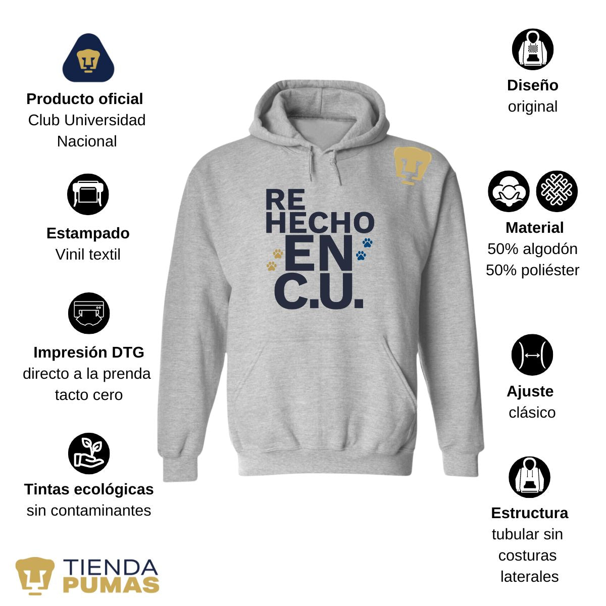 Sudadera Hombre Hoodie Pumas UNAM Re Hecho en C.U. DTG-Vinil