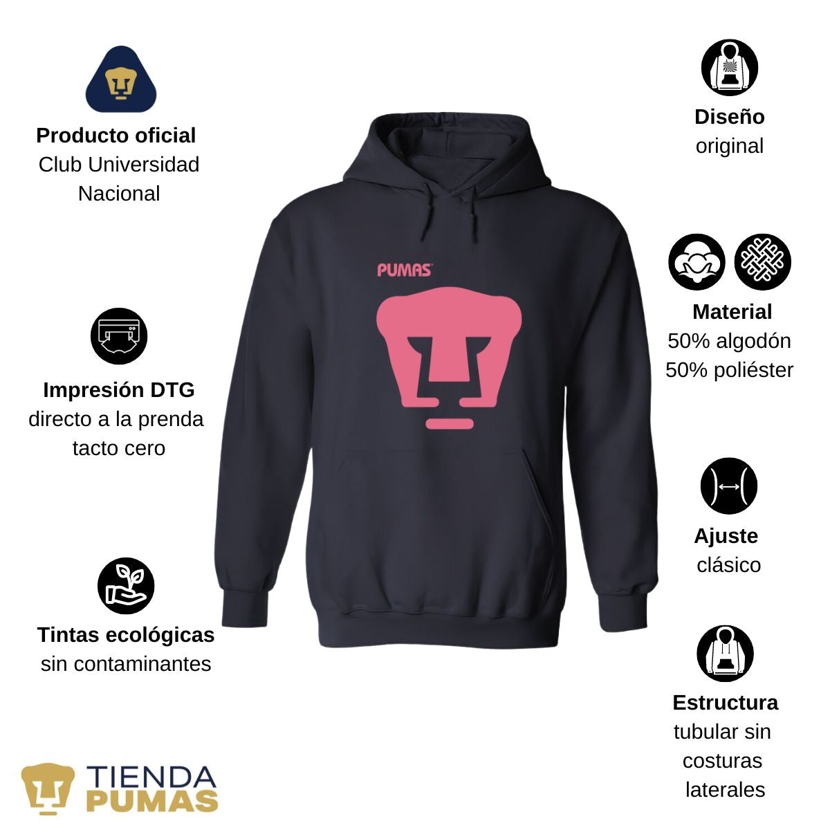 Sudadera Hombre Hoodie Pumas UNAM Mes Rosa