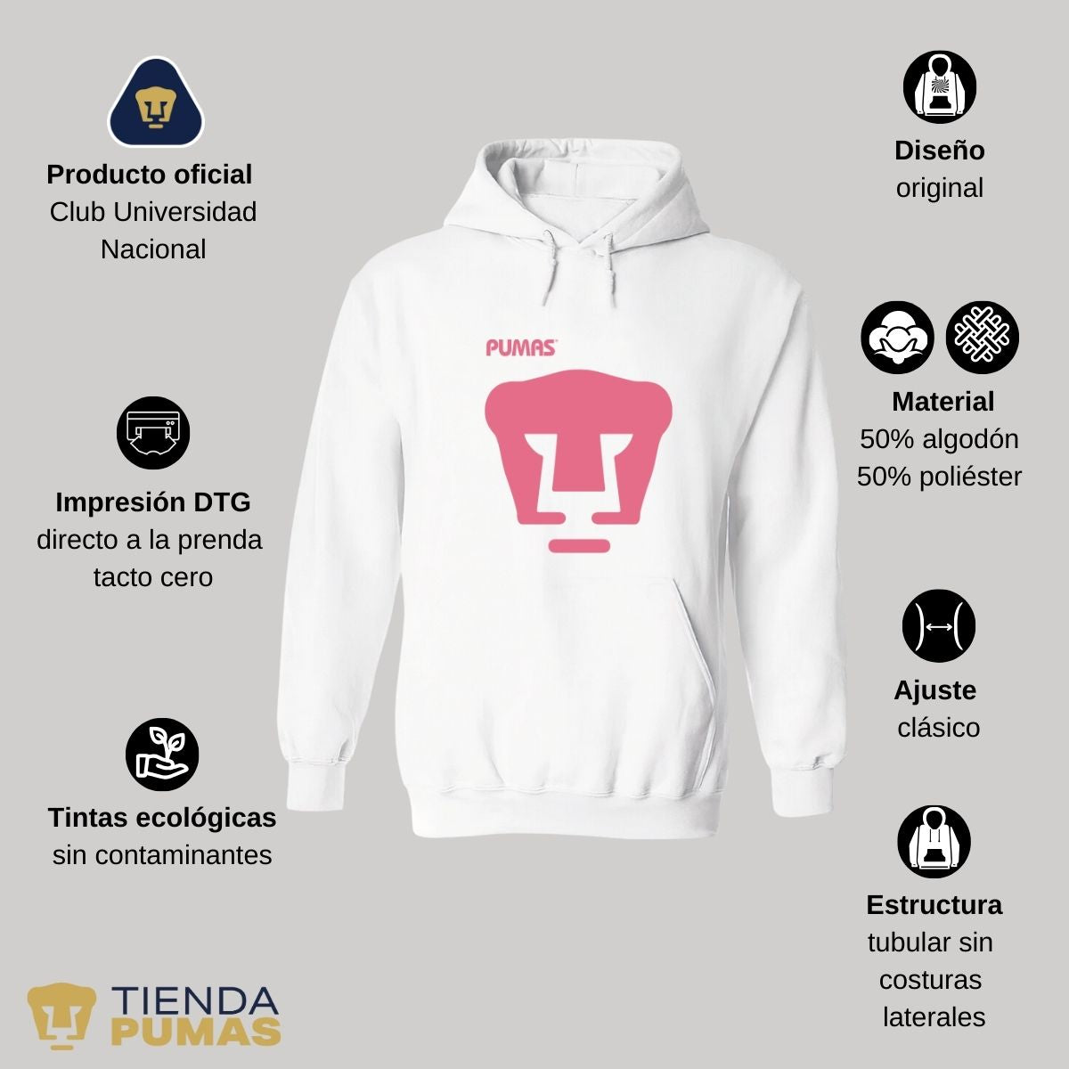 Sudadera Hombre Hoodie Pumas UNAM Mes Rosa