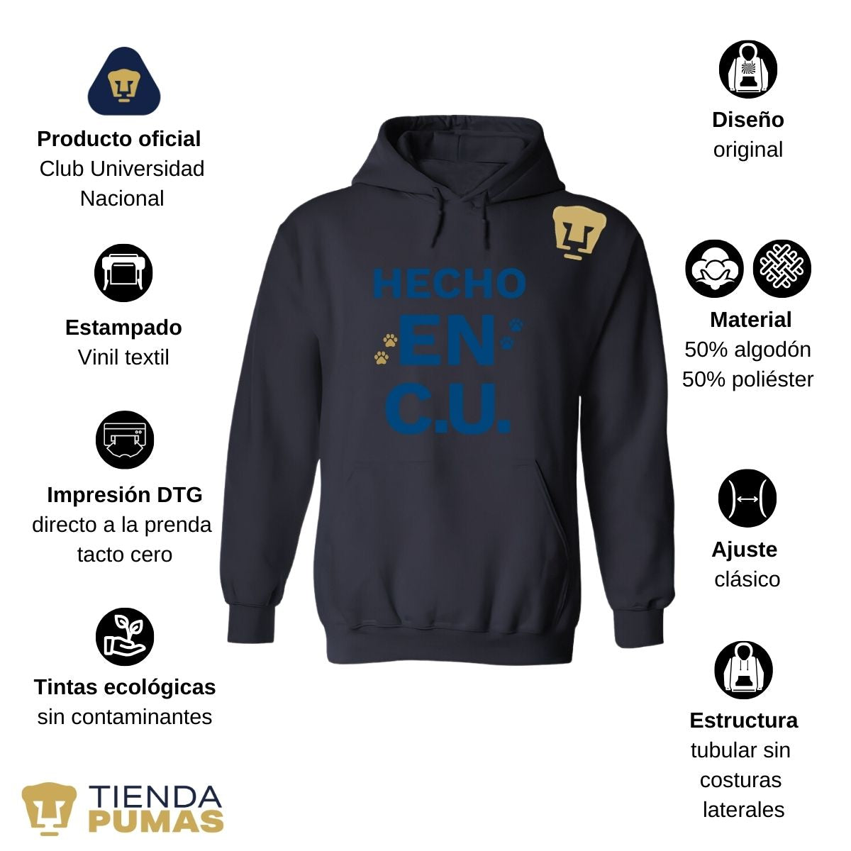 Sudadera Hombre Hoodie Pumas UNAM Hecho en C.U. DTG-Vinil