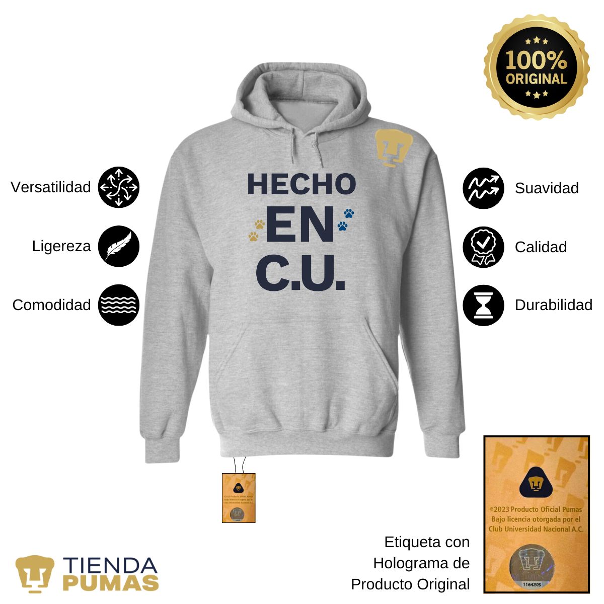 Sudadera Hombre Hoodie Pumas UNAM Hecho en C.U. DTG-Vinil