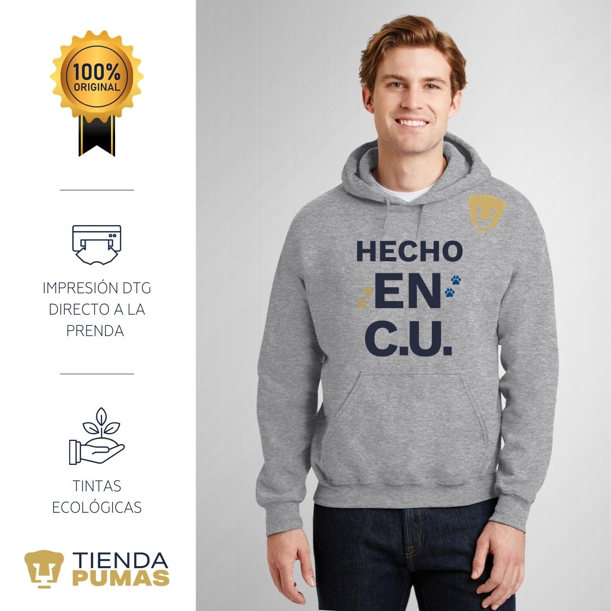 Sudadera Hombre Hoodie Pumas UNAM Hecho en C.U. DTG-Vinil