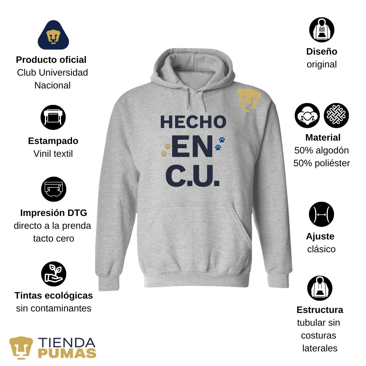 Sudadera Hombre Hoodie Pumas UNAM Hecho en C.U. DTG-Vinil