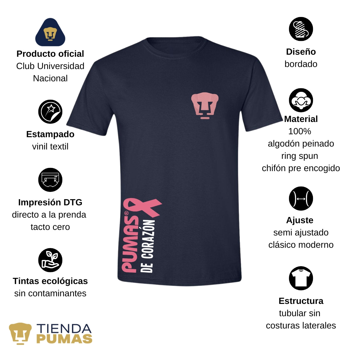 Playera Hombre Pumas UNAM De corazón logo rosa